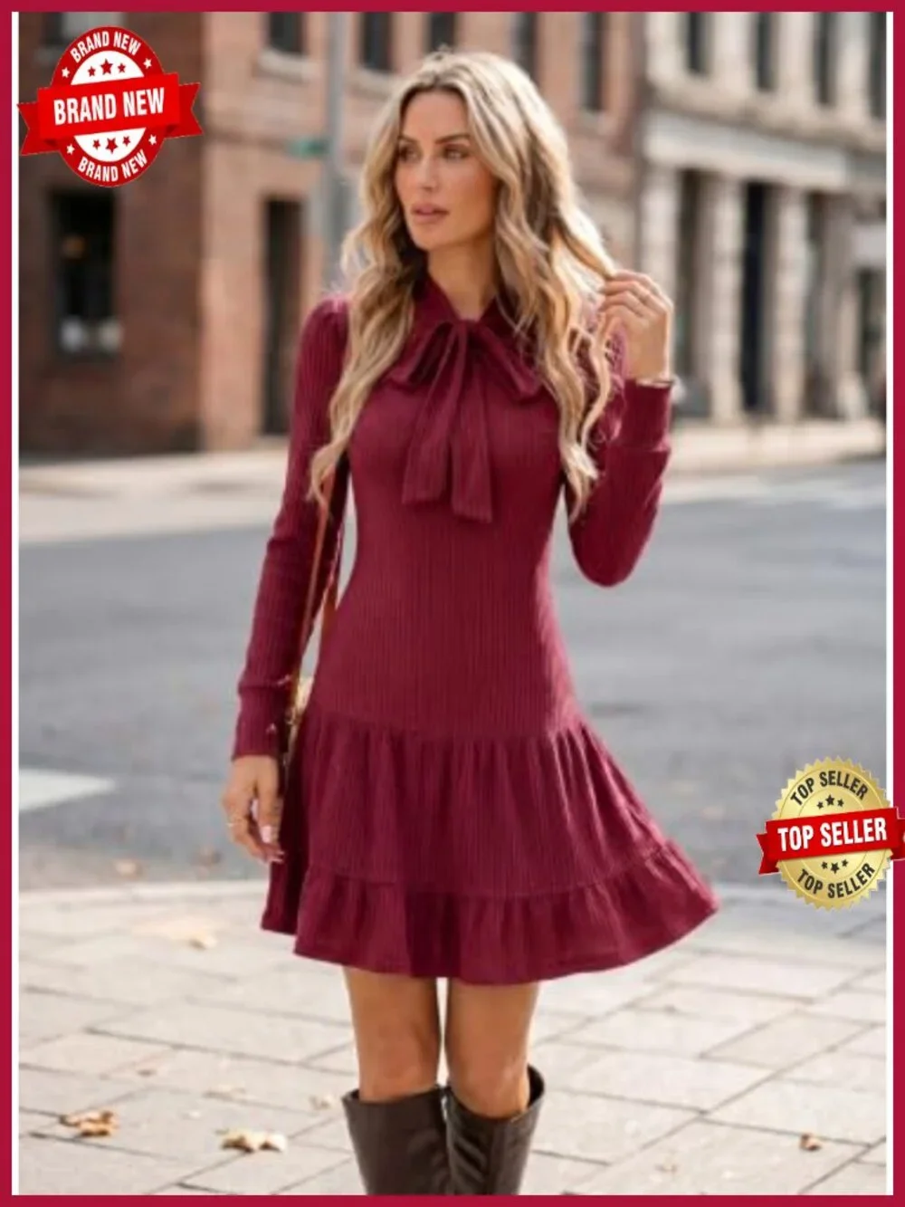 Long Sleeve Tie Knot Ribbed Knit Babydoll Dress Mini A Line Swing Fall